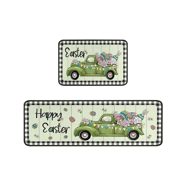 Easter Floor Mat Set of 2, Holiday Entryway Door Mat with Cartoon Rabbits, Non-Slip Low-Profile Indoor Mat for Kitchen, Bathroom, Porch, and Home Decor