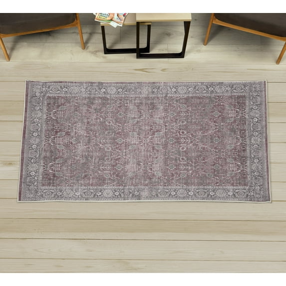 Ethnic Decorative Rug, Weathered Look Abstract Nostalgic Floral Ornaments Vintage Design Flourish, Quality Carpet for Bedroom Dorm and Living Room, 6 Sizes, Dark Mauve and Grey, by Ambesonne