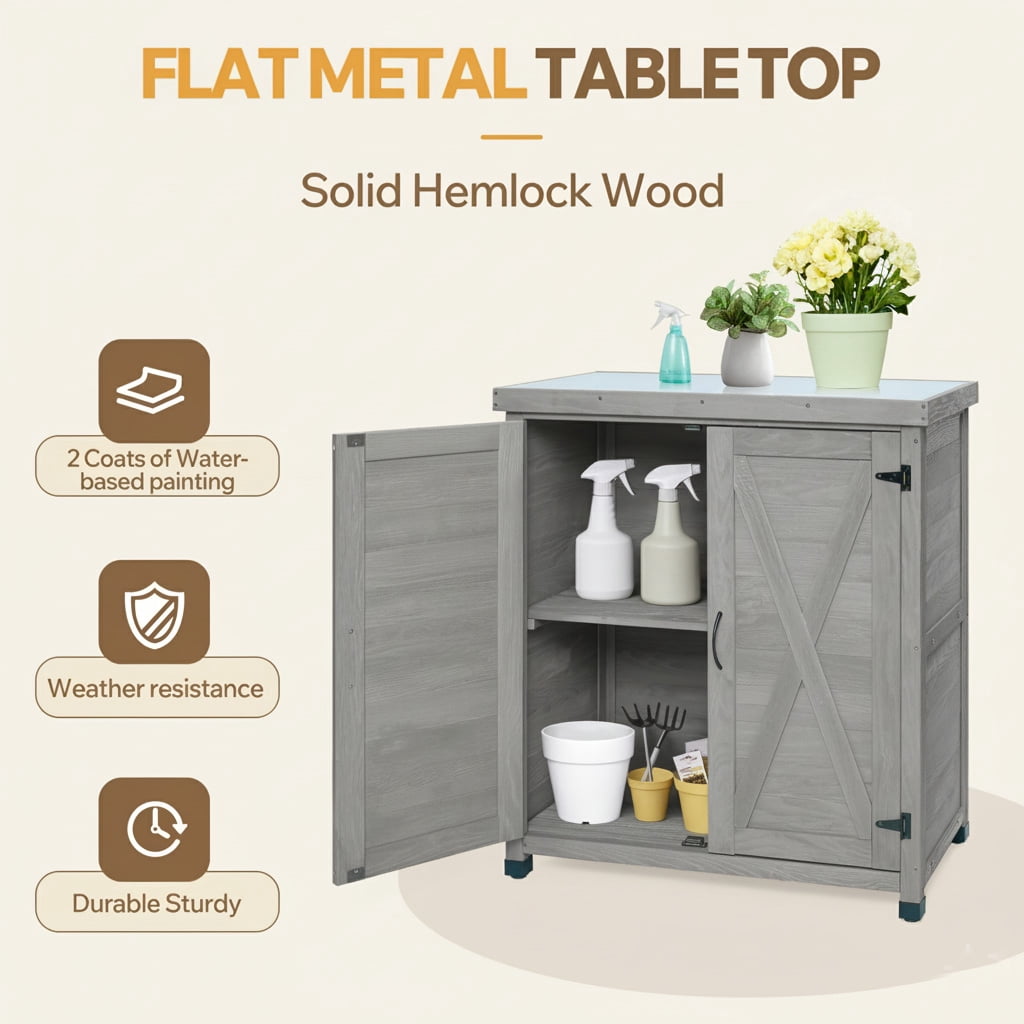 Potting Bench with Storage Cabinet and Metal Table Top for Outdoor Patio,Outdoor Work Station Table