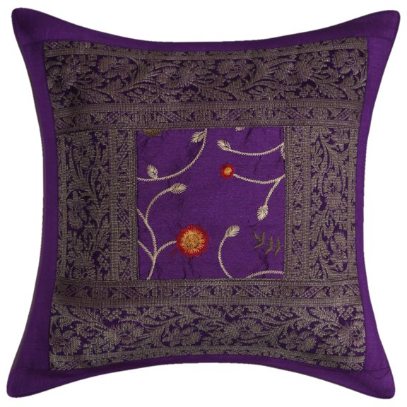 Stylo Culture Indian Sofa Throw Pillow Cover Embroidered 16x16 Brocade Patchwork Purple Traditional 40 x 40 cm Bed Room Polydupion Floral Square Cushion Cover | 1 Pc