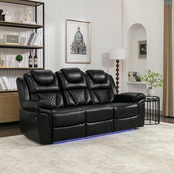 Resenkos Manual Home Theater Recliner Chair with Center Console & LED Light Strip for Living Room - Black