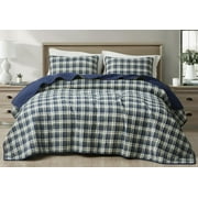 Chezmoi Collection Chad 2-Piece Printed Plaid Cotton Quilt Set Twin Size, Blue Green Light Beige Plaid, Stone Washed Cotton Breathable Lightweight Bedspread Set