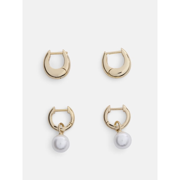 Free Assembly Women's Demi Fine 14K Gold Plated Simulated Pearl and Hoop Earring Set, 2-Pairs