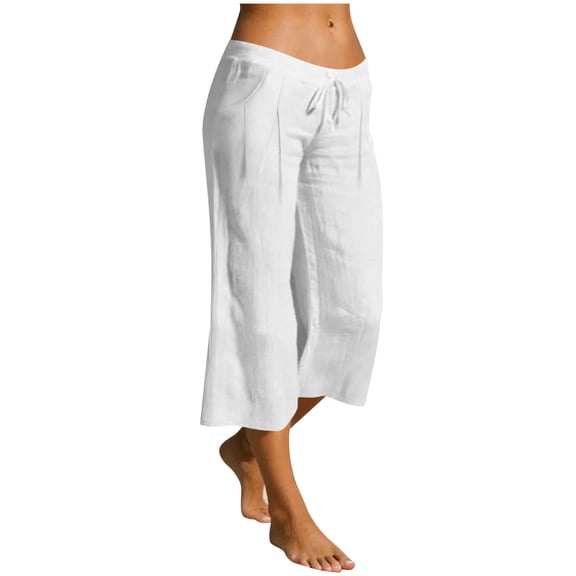 Womens Linen Capri Pants Breathable Elastic Drawstring Low Rise Loose Beach Vacation Cropped Trousers with Pockets