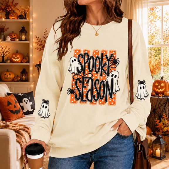 Women's Halloween Print Pullover Sweatshirt,Long Sleeve Crewneck Fall Tops,Colorful Graphic Casual Outfit for Party,Pumpkin Festival,Trick or Treat & Everyday Wear Beige L