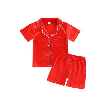

ZIYIXIN Summer Kids Girls Boys Pajama Sets Solid/Cow/Colorful Printed Single Breasted Shirts+Shorts 2pcs Outfits Red 3-4 Years