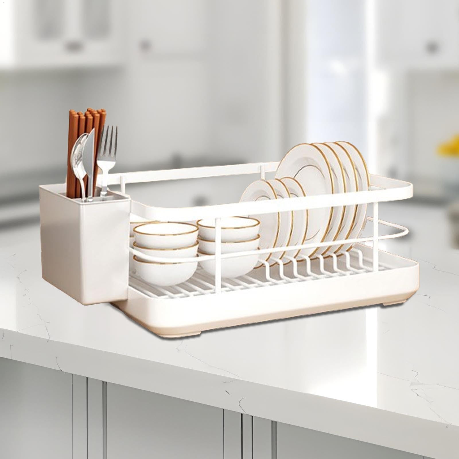 Dish Drying Rack for Kitchen Counter - Space-Saving Gold Dish Rack with Tray & Cutlery Holder, Carbon Steel Removable Dish Drainer Rack