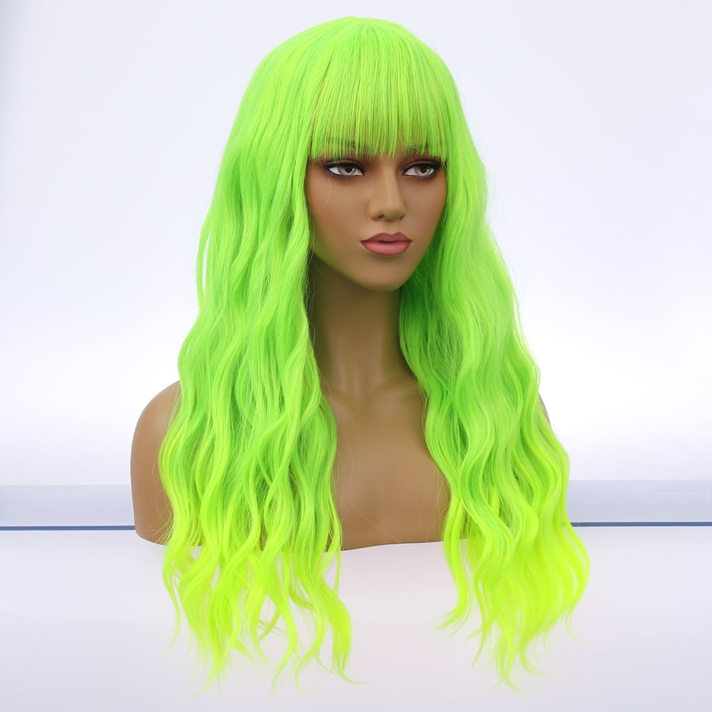 RightOn 23" Green Wig Long Curly Wig with Bangs Women Light Green Wigs Synthetic Wig with Wig Cap