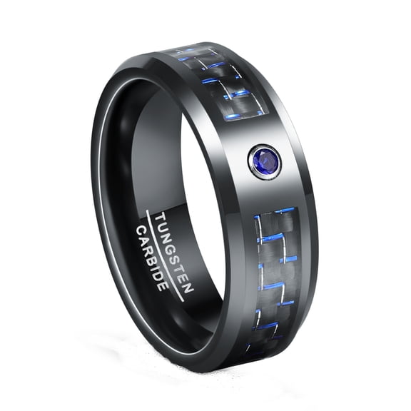 JQUEEN Men's 8mm Black Tungsten Carbide Rings Blue Carbon Fiber with Blue Zircon Engagement Rings