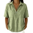 thumbnail image 3 of VBVC Women's Cotton-Linen Half-Zip Collared Shirt,Ladies Short Sleeve Pocketed Casual Blouse,Loose Fit Lightweight Summer Top for Women,Green,S-2XL, 3 of 8
