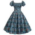 thumbnail image 3 of QLEICOM Women's 1950s Vintage Dresses,Square Neck Back Elastic Waist Short Sleeve Hem Mini Dress, Cocktail Stretchy Evening Party Dresses, Halloween Costumes Slim Swing Dress Multicolor S, 3 of 4