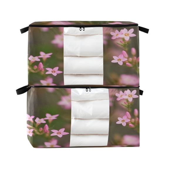 Foldable Clothes Storage Bags Clothes Organizer Bin with Clear Windows for Clothes Bedding Small Pink Wildflowers