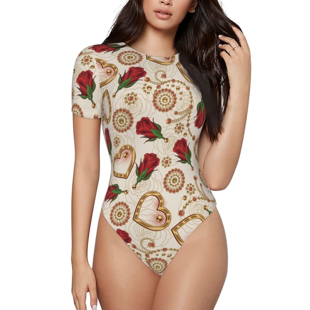 Bingfone Motif Rose pour la Saint-Valentin Justaucorps à Col Rond pour Femmes, Justaucorps à Manches Courtes à Boutons-Pression, Adapté pour Fête, Sports, Usage Quotidien-TTG