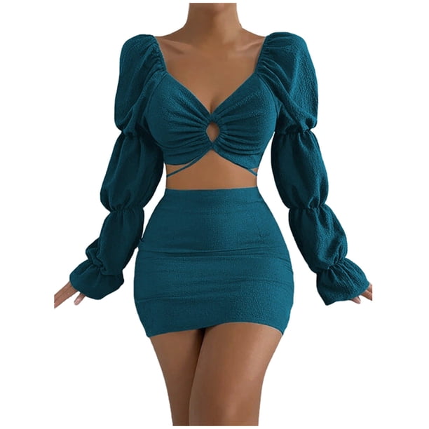 Conjuntos de blusa de manga larga y minivestido con cuello en V para mujer a la moda de 2 piezas Wmkox8yi bvn785