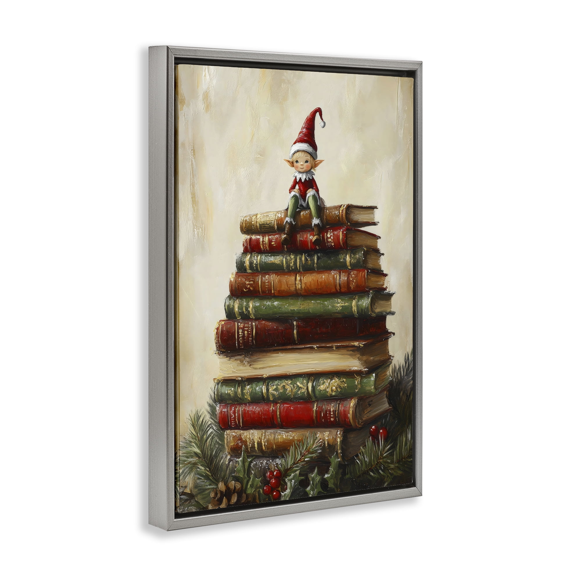 Christmas Elf Bookstack Gray Framed Floater Canvas Wall Art, design by Petal Prints Design