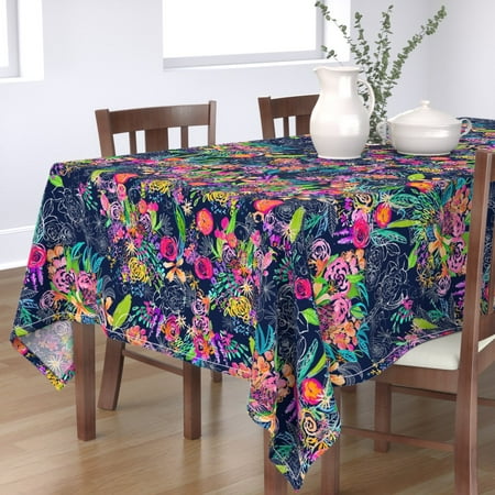 

Cotton Sateen Tablecloth 70 x 90 - Neon Night Garden Flowers Teacup Floral Bright Print Navy Colorful Print Custom Table Linens by Spoonflower