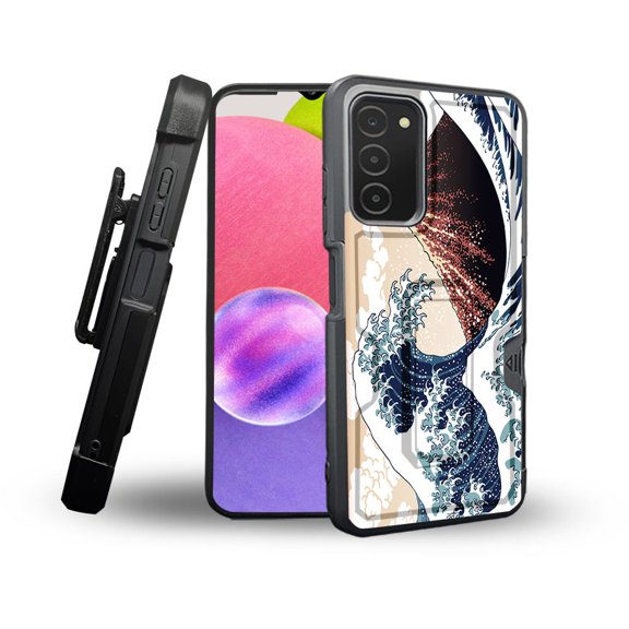 ANJ  Rugged Shockproof Holster Case Card Slot Kickstand   Tempered Glass Cover for Samsung Galaxy A03s - Classic Wave