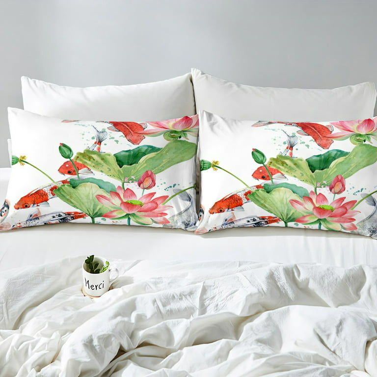 Koi Fish Bedding Sets Queen Red Carp Fishing Comforter Cover, Pink Lotus  Flower Bed Sets Green Leaves Duvet Cover, Watercolor Painting Style Quilt  Cover Japanese Style Bedroom Decor 