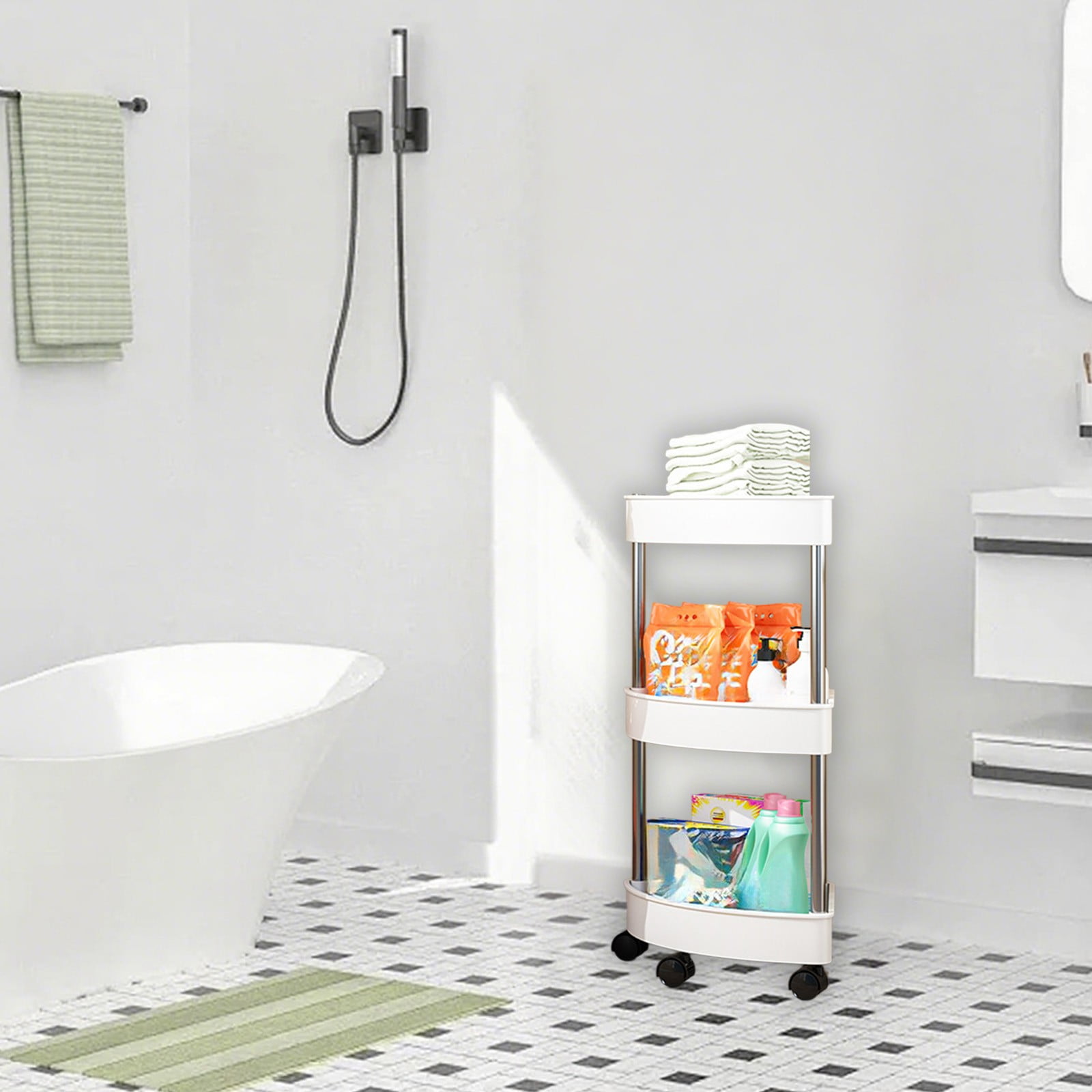 Bathroom Shelf Organizer Bathroom Corner Shelf Organizer with Rolling Wheels, 4 Tier Corner Storage Shelf with Drainage Holes for Shower, Detachable Rolling Cart for Bathroom Organization