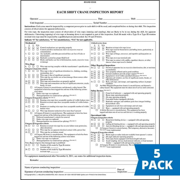 Monthly/Each Shift Crane Inspection Report 5-pk. - Book Format, 2-Ply Carbonless, 8.5" x 11", 31 Sets of Forms Per Book - Comply with 29 CFR 1926 OSHA Regulations - J. J. Keller & Associates