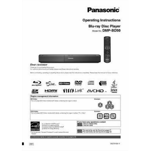 Instruction Manual ONLY for Panasonic DMP-BD50 Blu-ray Player Owners Instruction Manual REPRINT