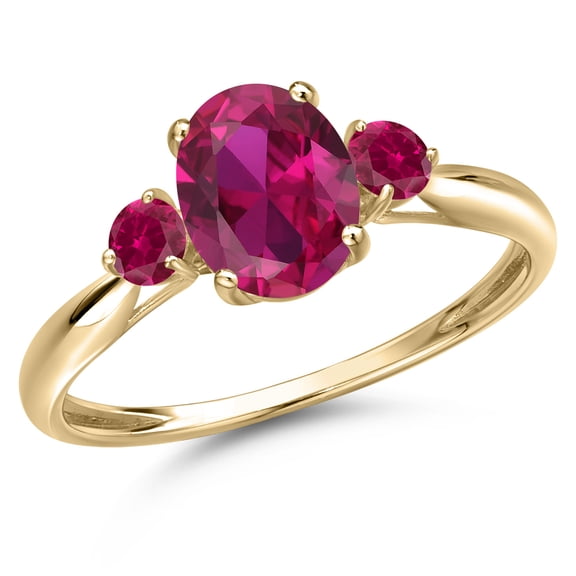 Gem Stone King 10K Yellow Gold Red Created Ruby 3-Stone Ring for Women | 1.63 Cttw | Oval 8X6MM | Gemstone July Birthstone | Size 9