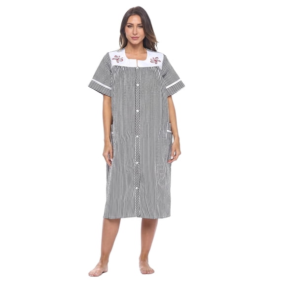 Casual Nights Women's Snap Front Lightweight Housecoat, Short Sleeve House Dress Duster Lounger Robe with Pockets, Cotton Poly Knit, Mid Calf, Black Stripe X-Large