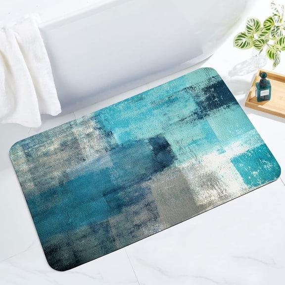 FUDAKUNA Modern Glam Geometric Water Absorbent Blue Polyester Bath Rugs, 20 x 32 Inch, Machine Washable