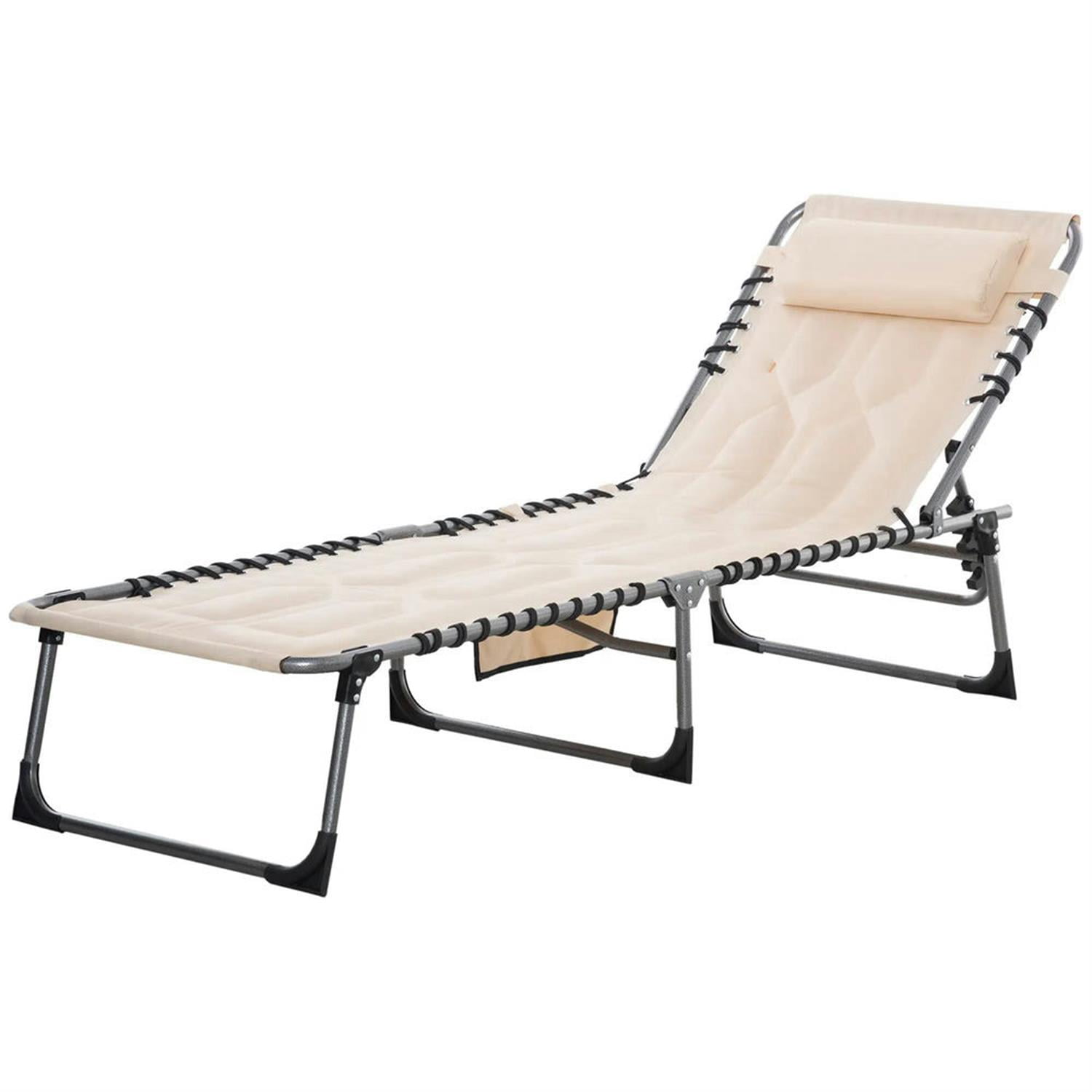 Demi Bonn Outdoor Padded Reclining Chaise Lounge, 6-Level Folding Beach Relaxation Chair with Headrest for Patio Pool Sunbathing, Beige