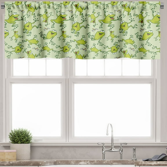 Ambesonne Cartoon Valance Pack of 2, Frogs Dragonflies, 54"X12", Pale Green Apple Green