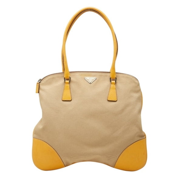 Pre-Owned Prada Triangle Logo Plate Tote Bag Shoulder Beige Yellow Canvas Leather Women's PRADA