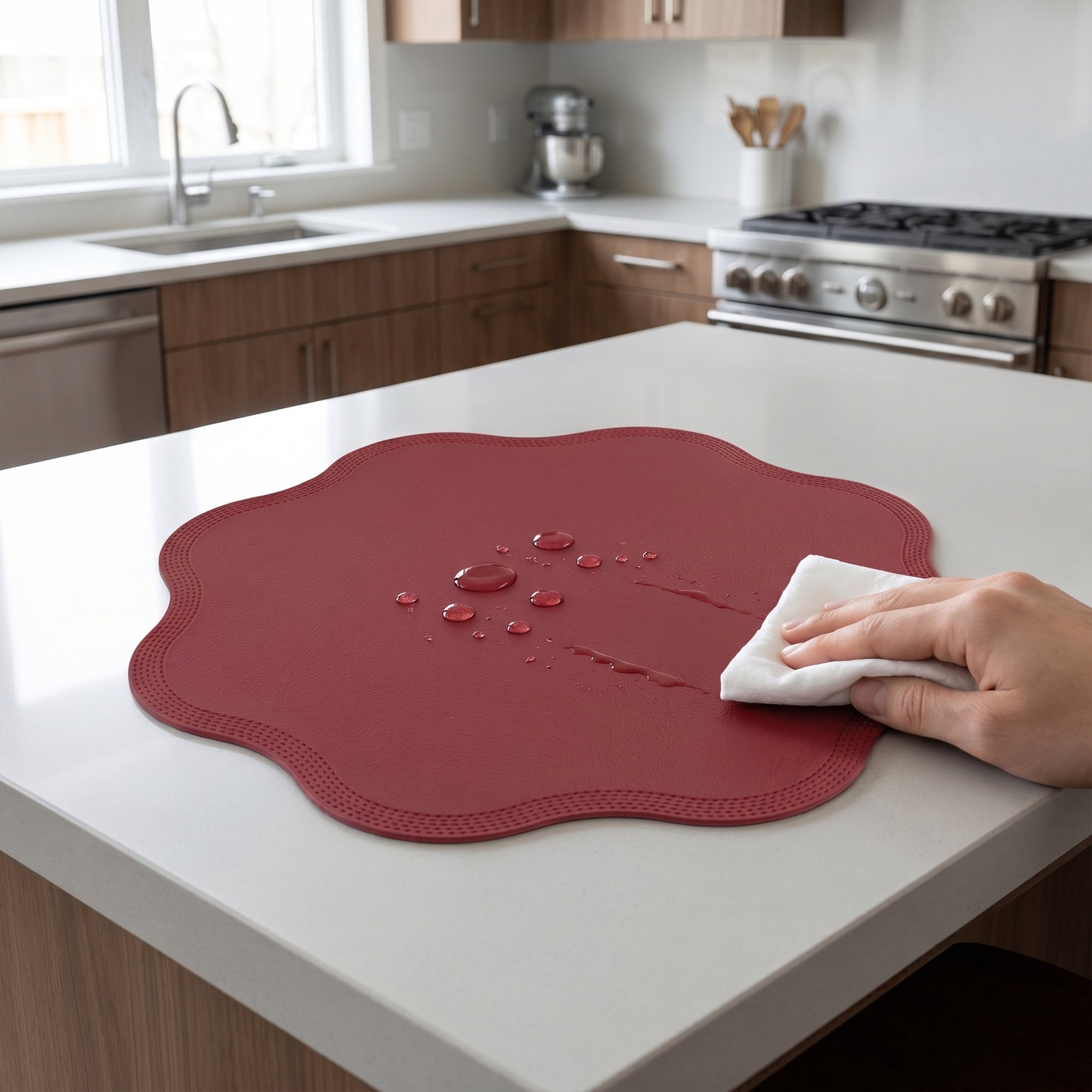 Unique Bargains Set of 6 Faux Leather Placemats for Kitchen Table Decor Red 15"x15"