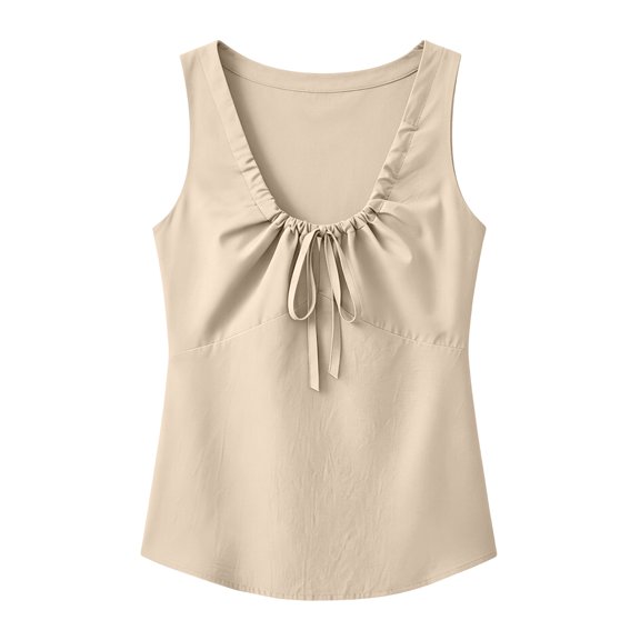 Ruimatai Womens Casual Sleeveless Tank Tops V Neck Drawstring Ruched Shirts Loose Fit Curved Hem Summer Blouses