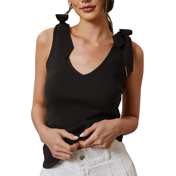 Rdhnmea Women's Bow Tie Tank Tops V Neck Shoulder Strap Sleeveless Shirts Slim Fit Summer Going Out Knit Camisoles Streetwear