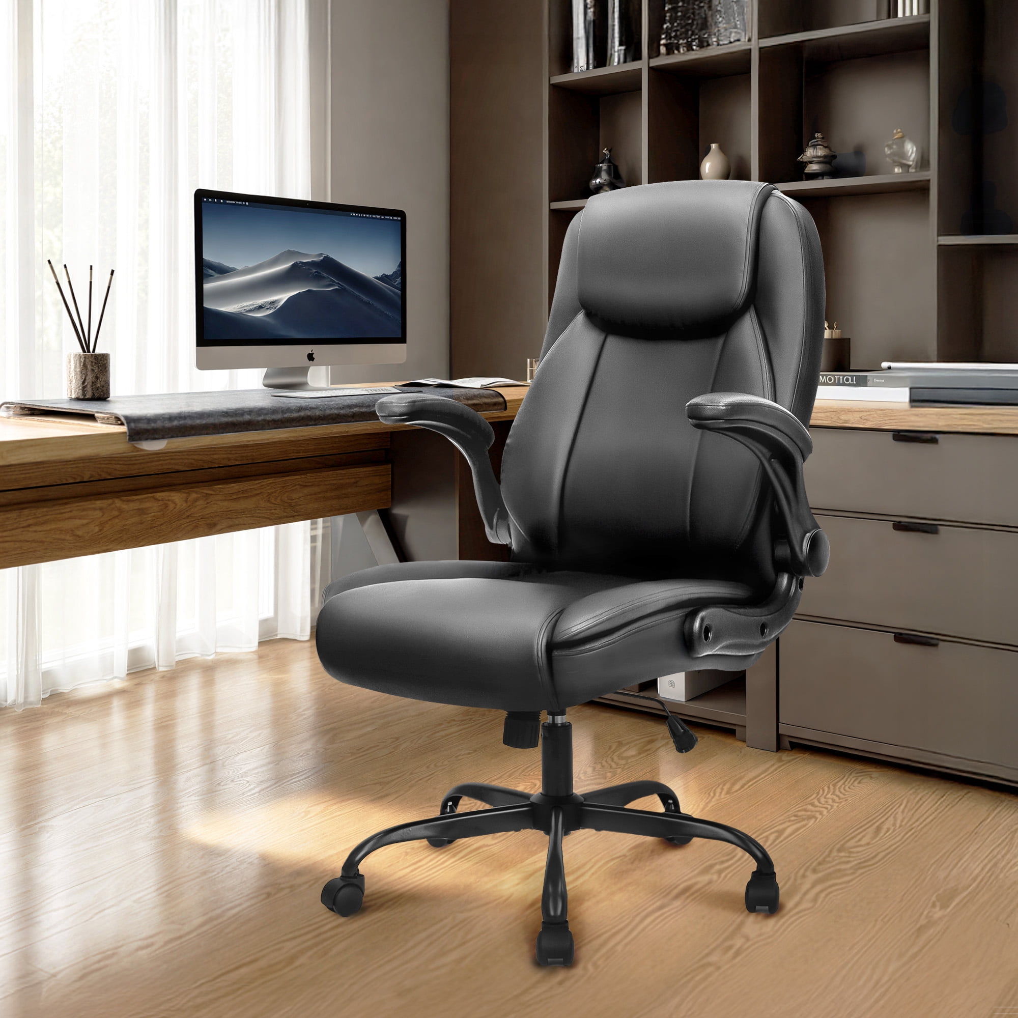 NEO CHAIR Ergonomic Office Desk Gaming Computer Chair Executive High Back Support Flip-up Arms Adjustable Height Swivel Rolling Wheels Comfy PU Leather for Home (Dark Black)