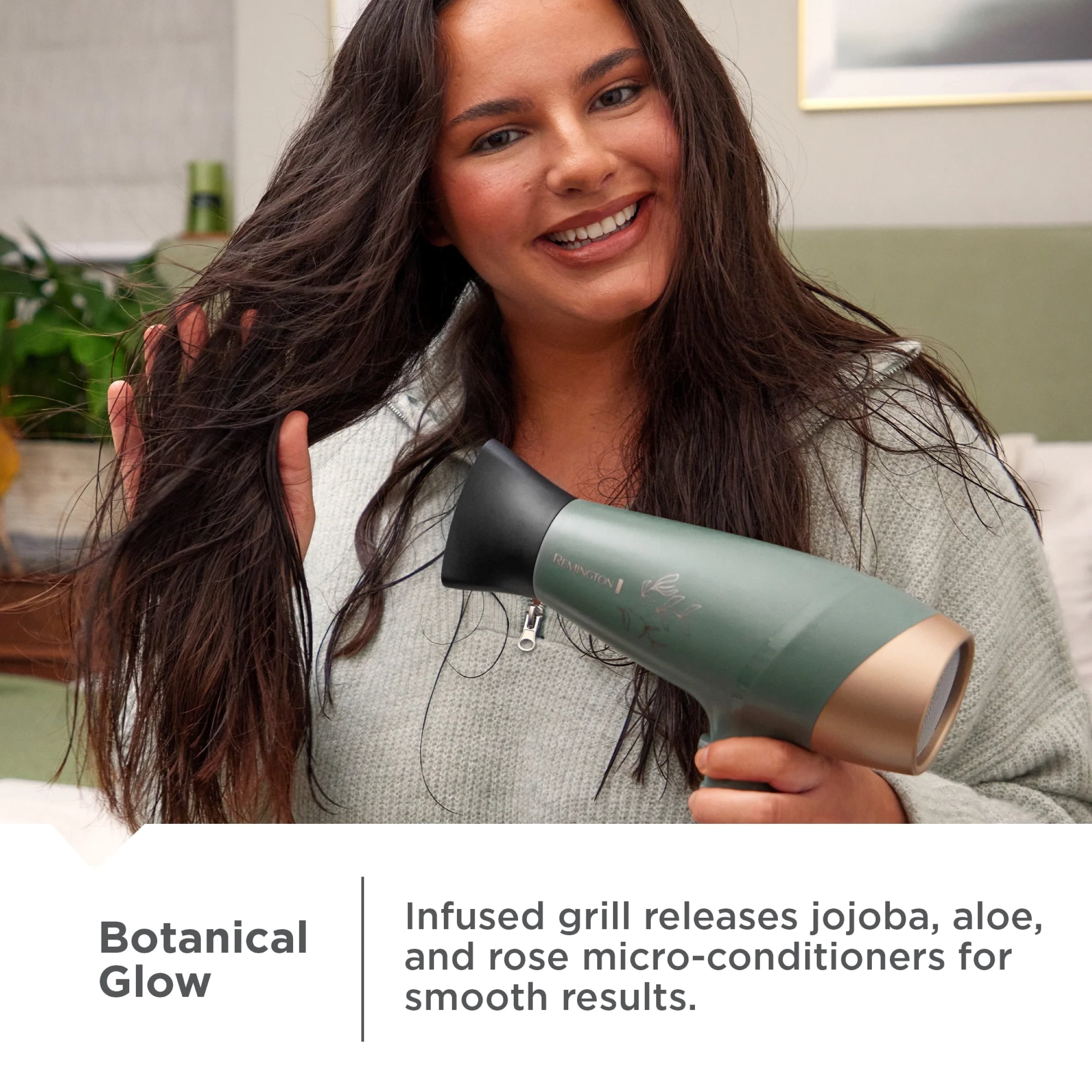 Remington Botanicals Hair Dryer, Ceramic, 6 Heat Settings, Cool Shot, Green