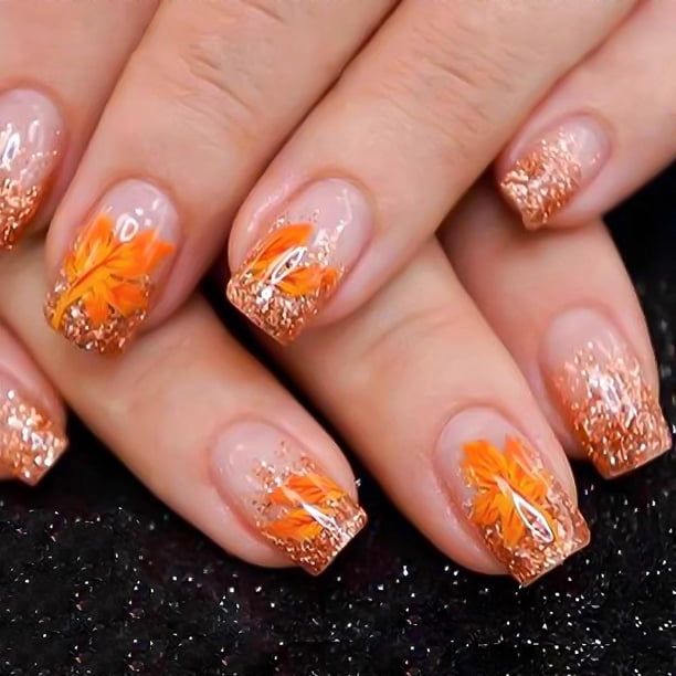 Uñas postizas cortas cuadradas de presión, color naranja con purpurina degradada y diseño de hoja de arce, 24 unidades.