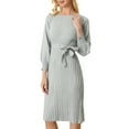 thumbnail image 1 of INSPIRE CHIC Robe pour Femme en Tricot à Col Rond Manches Lanterne 3/4 Ceinturée Ourlet Plissé Robes L Gris, 1 of 6