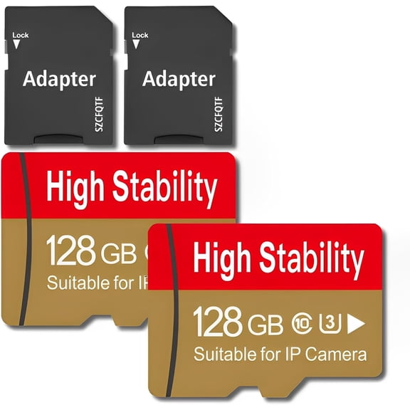 128GB Micro Memory SD Card TF C10 U3 V30 C10 4K UHD High Stability for Security Camera &GoPro &Action/Outdoor Camera/Dash Cam/Drones/Tablets/Gaming Consoles/Phone with Adapter (2 Pack)