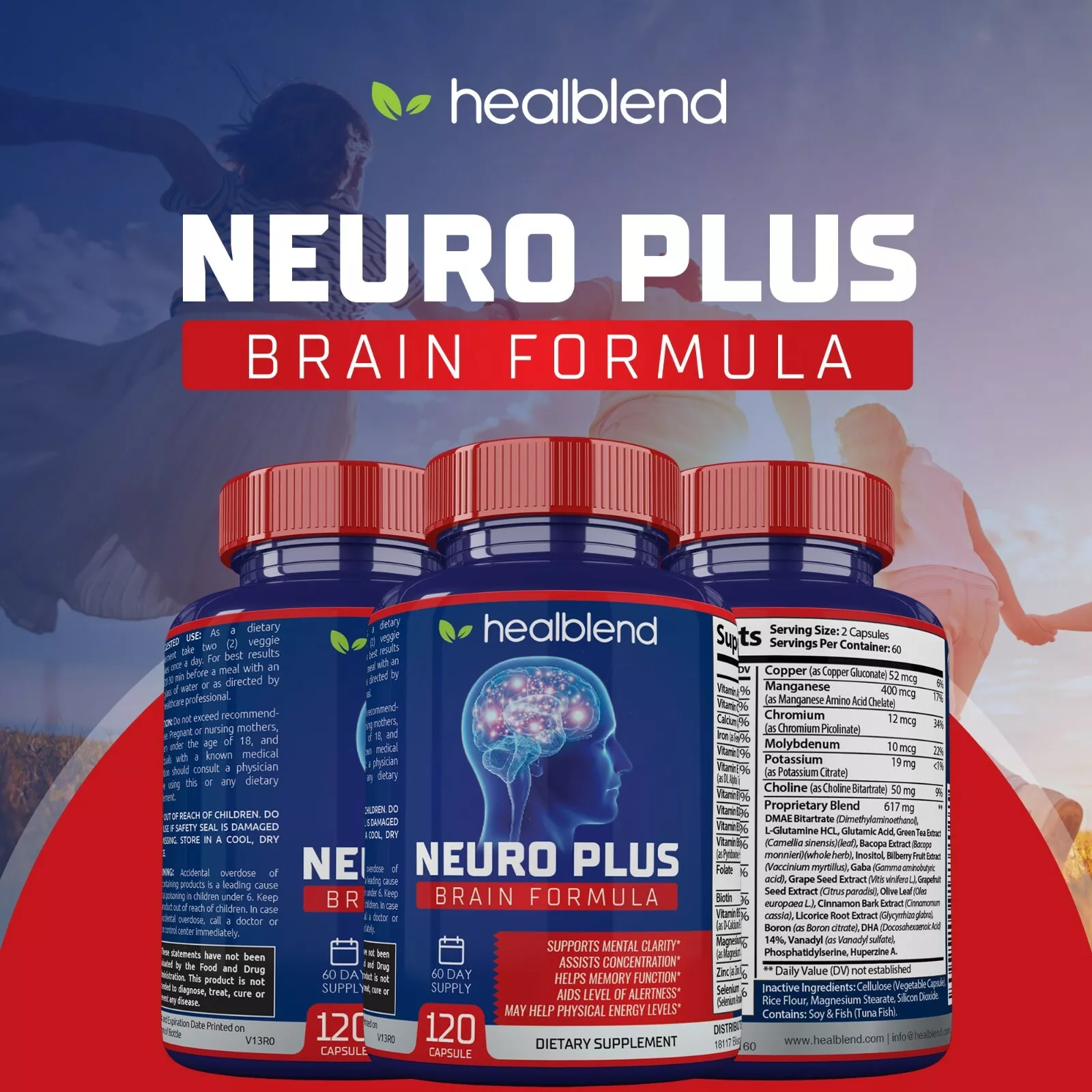 Healblend Neuro Plus Brain Booster Supplements - Brain & Focus Formula, Supports Memory, Concentration & Mental Clarity - 3-Pack