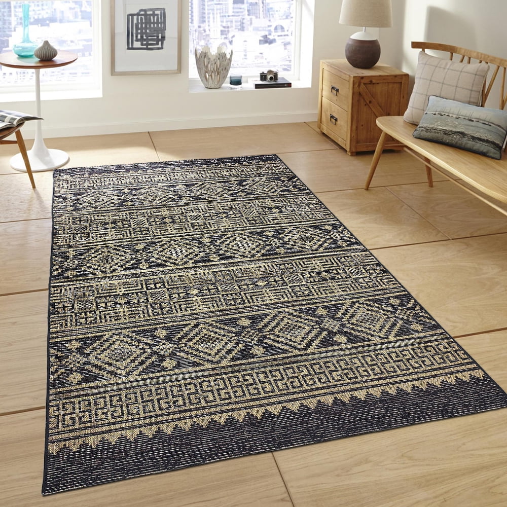 LR Home Victoria 5' x 8' Black/Tan Aztec Stripe Indoor/Outdoor Area Rug