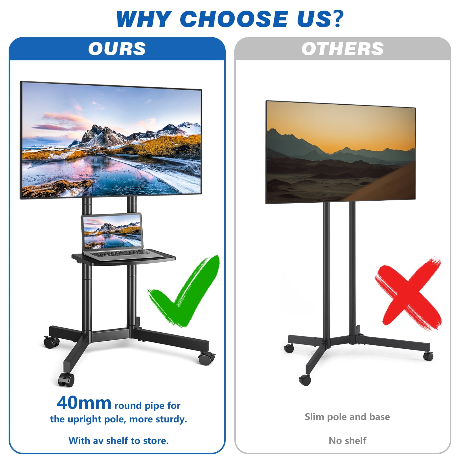 TAVR Furniture TV Stand Rolling TV Stand on Wheels for 32 to 70 inch Flat Panel Screen TVs, Black