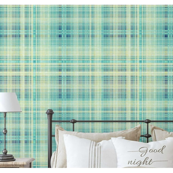 S4Sassy Self Adhesive Wallpaper, Aqua Plaid Print Wallpaper, Green Removable Diy Vinyl Wall Covering, Peel And Stick Contact Paper For Entryway Accent Wall, Easy Home Decor Solution (25"X 360")