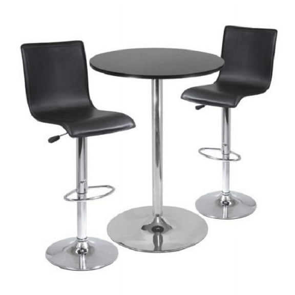 Contemporary Home Living Set of 3 Black Round Pub Table and L-shape Leather Adjustable Swivel