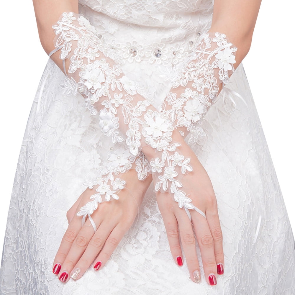 Bridal Gloves Bride Wedding Dress Fingerless Gloves Lace Beads Short Gloves 
