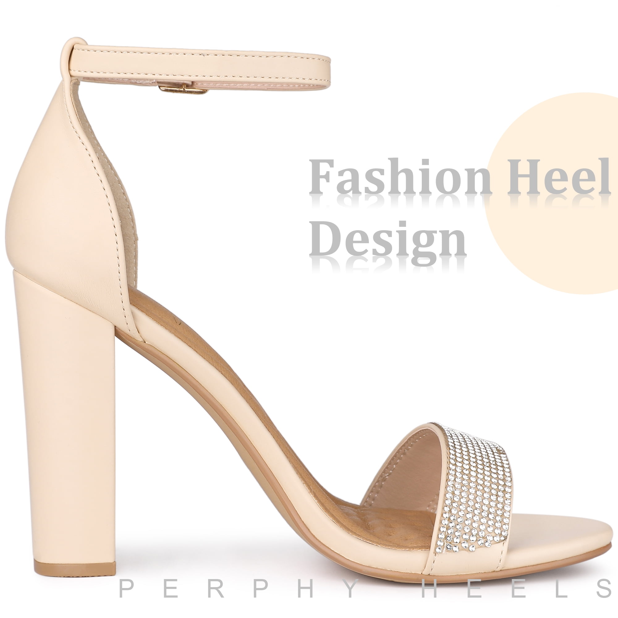 Unique Bargains Women's Open Toe Rhinestone Ankle Strap Chunky Heel Sandals