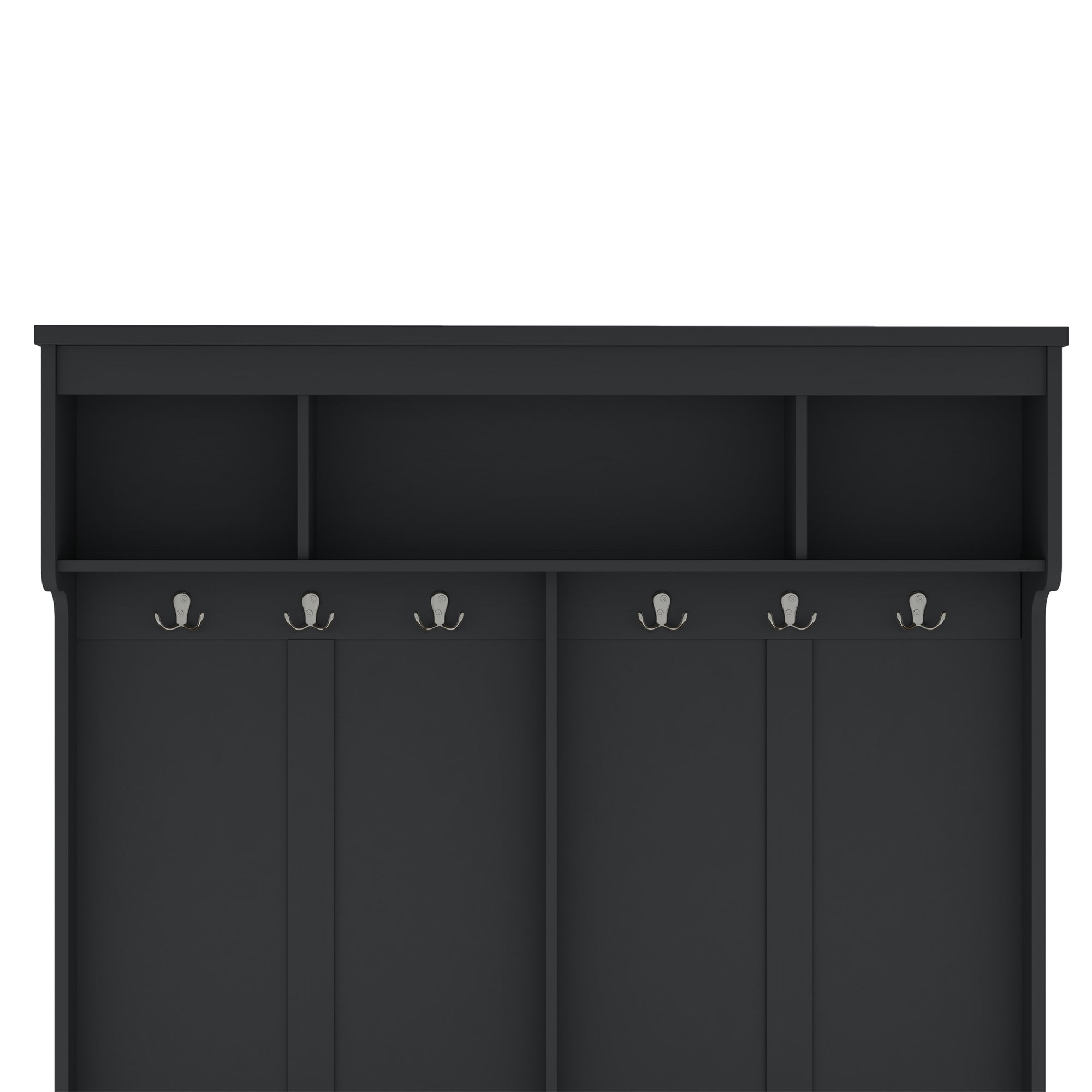 T-Foyer Modern Black Hall Tree with 6 Hooks & Bench, Wooden Rustic Entryway Organizer with Open Storage
