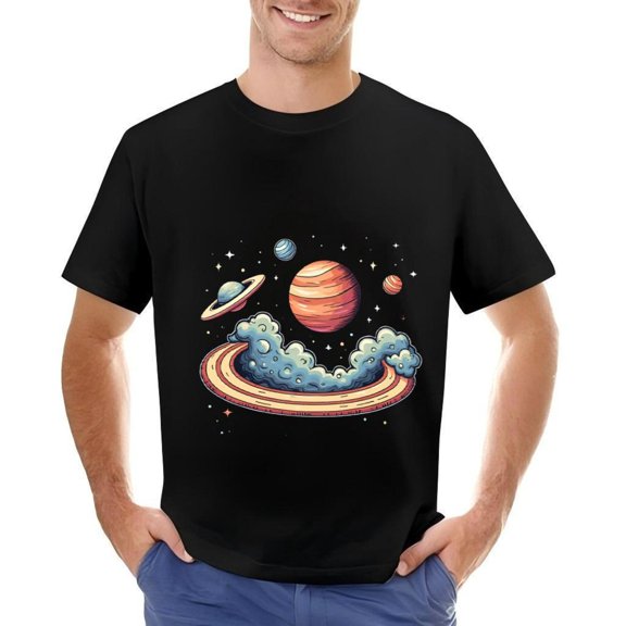 Men's Cotton Short Sleeve T-Shirt with Colorful Planetary System Design - Red Blue & Orange Planets with Swirling Clouds & Flying Saucer