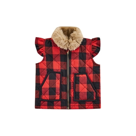 

Eyicmarn Girls Casual Vest with Fur Collars Plaid Printed Pattern Jacket
