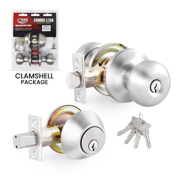 Premier Lock Entry Knob Combo, Ball, Stainless, 6-in-1 Latch, 4 SC1 Keys